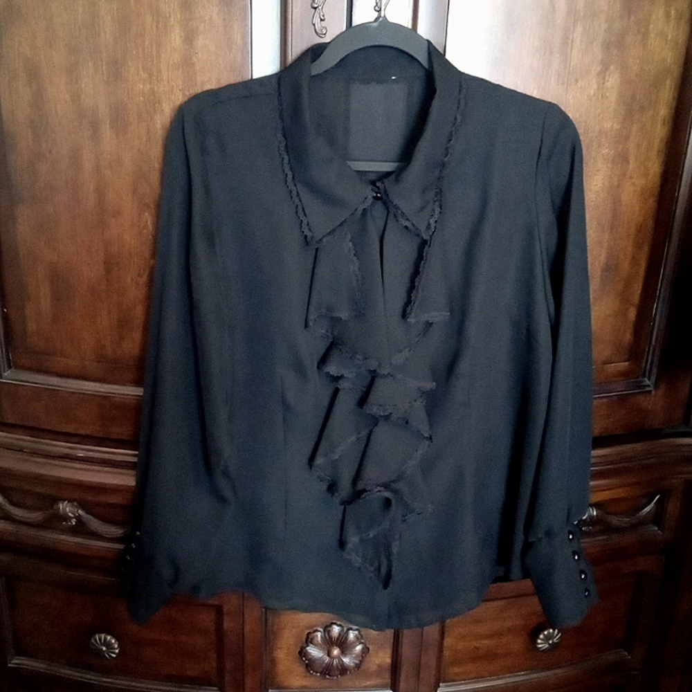 Vintage Black Chiffon Blouse with Ruffled Jabot and Lace Trim Women's Large